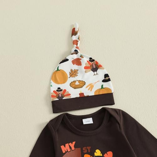 My 1st Thanksgiving Baby Boy Outfit Turkey Print Long Sleeve Romper Elastic Waist Pants Hat Set 3 Piece Fall Clothes 6