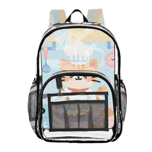 Cartoon Cute Cats Chef Blue Kid Clear Backpack Clear Book Bag For Adults See Through Transparent Heavy Duty Backpacks