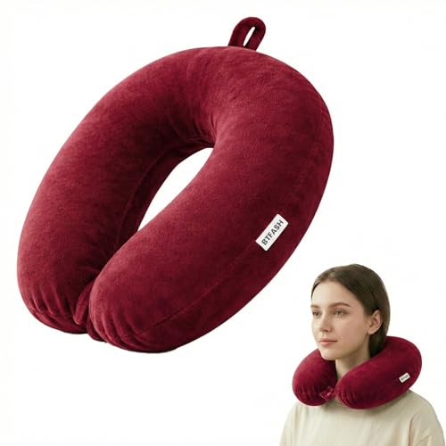 BTfash Travel Neck Pillow for Men & Women | Soft Fibre Cushion for Flight, Car & Train | Soft Velvet Fabric with Attachable Snap Strap | Cervical Support for Neck Pain Relief. Pack of 1 (Maroon)