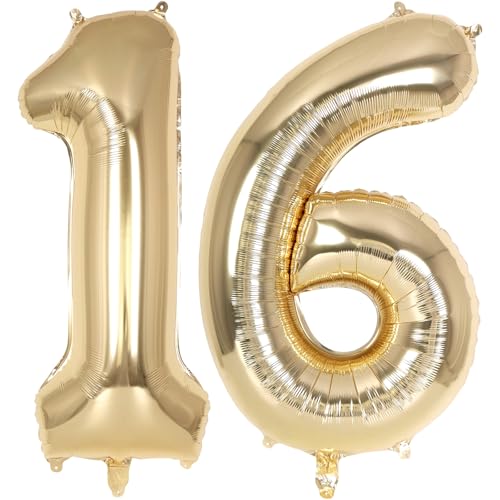 Image of Champagne Gold Large Number 16 Balloon, 40 Inch Light Gold Foil Helium Number Balloons, Giant Mylar Number 16 Balloons for 16 Years Old Birthday Party Anniversary Decorations (Champagne Gold 16)
