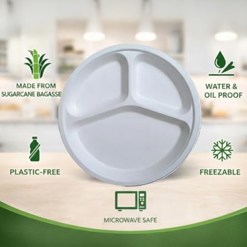 Image of Eco Aaroyaa Bagasse 10 Inch 3 Compartment Plates - Eco-Friendly Bagasse Disposable Plates - Strong Oil & Water Resistant Disposable Plates with Compartments for Parties, Catering & Events (Pack of 25)