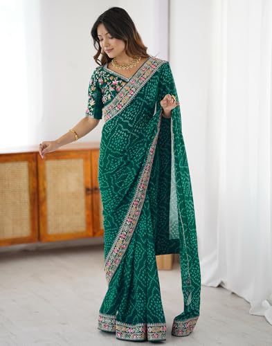 Image of SIRIL Women's Georgette Bandhani Printed Saree with Unstitched Blouse Piece