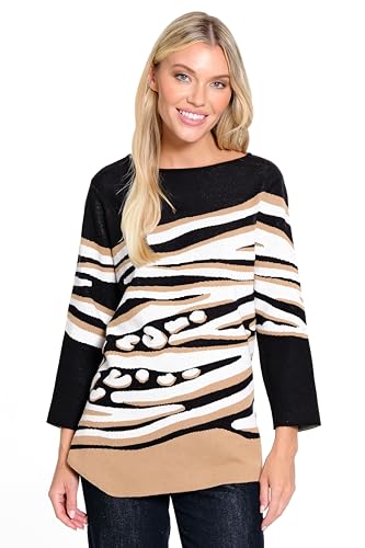 Ali Miles Women's Stripe Jacquard Sweater Three Quarter Sleeve Asymmetrical Hem