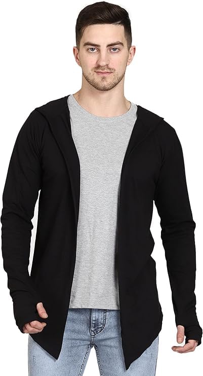 Men's Cotton Black Hooded Cardigan with Thumb Hole Sleeves-picture-55