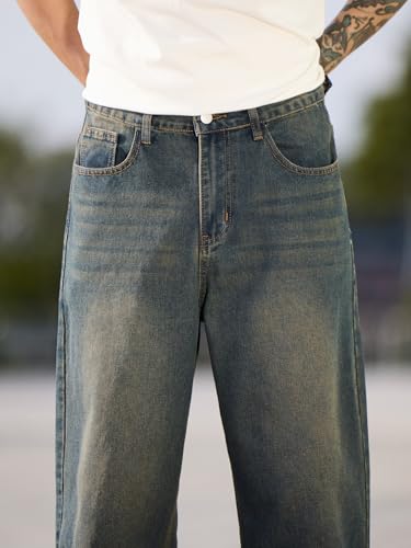 Image of DFGIGT Mens Baggy Jeans Wide Leg Denim Pants Y2k Loose Fit Streetwear | Hip Hop,Vintage 2000s,Jinco Jeans,Straight Leg,5 Pockets