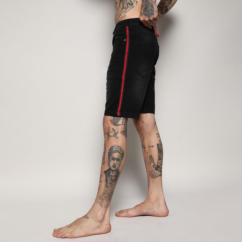 Image of CAHOOT Men's Side-Striped Denim Shorts for Casual Wear | Dark-Wash | Regular Fit | Button Closure | Denim Shorts Crafted with Comfort Fit for Everyday Wear