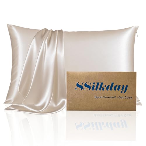 Mulberry Silk Pillow Cases with Zipper, Ultra Smooth Soft Breathable Cooling Pillow Cases for Hot Sleepers, Silk Satin Pillowcase for Hair and Skin, Gifts for Women (Beige, Queen Size, 1 Pack)