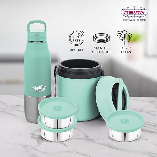 Image of Asian Stainless Steel Lunch Box (700ml) & Insulated Water Bottle (500ml) Combo Gift Set | Leakproof Steel Tiffin & Flask for Kids | BPA Free Back to School Essential Kit (Green)