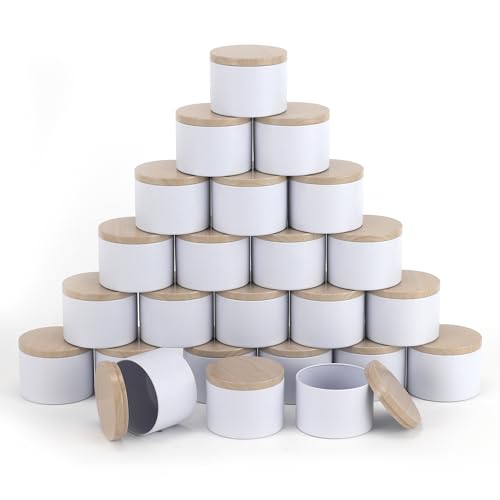 NEXBEXES 24pcs 8oz White Candle tins with Metal Wood-Grain Printing Lids. Candle Jars,Bulk Candle tins for Making Candles,Candle Making Jars (8OZ, White)