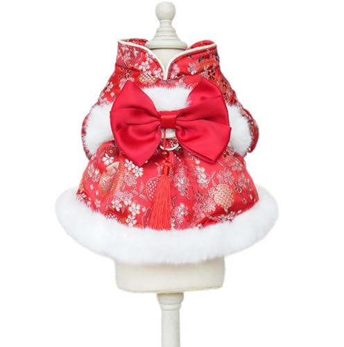 ISUPY 犬服 スカート ドレス 秋冬 裏ボア 防寒 暖かい ペット服 ワンピース 可愛い ペットウェア ドッグウェア 小型犬 中型犬 人気 ファッション ふわふわ お正月 和風 犬猫洋服 着物 寒さ対策 (L,レッド A)