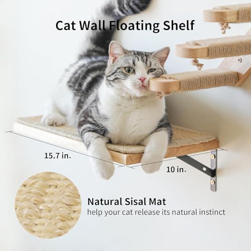 Image of Wall Mounted Cat Scratching Post for Indoor Cats | Kitten Wall Shelves Climbing Furniture| Sisal Rope Cat Claw Scratcher Tree (Full Set)