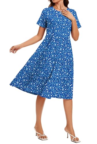 Image of Womens Summer Short Sleeve Crew Neck Midi Dress 2026 Casual Fit Flowy Tiered Beach Vacation Sundress with Pockets