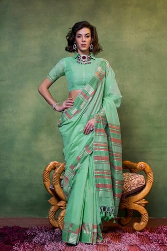 Image of SGF11 Women's Soft Cotton Linen Silk Saree With Unstitched Blouse Piece