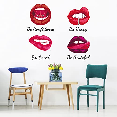 Mefoss Sexy Woman Red Lips Wall Decals, Be Confident Be Loved Be Happy Be Grateful Inspirational Quotes Wall Stickers, Peel And Stick Removable Wall Art Decor Stickers For Woman Bedroom Dressroom Beauty Salon Wall Decoration #TOP7