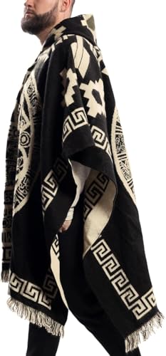 Image of Gamboa Alpaca Wool Mexican Poncho with Hood for Men Hoodie Pancho Mens Western Hooded Serape