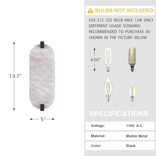 Image of 13.7 inch Natural Oval Alabaster Marble Modern Concise 2 Pack 2 Light Wall Sconce Fixture,Black Finish for Bathroom Bedroom Hallway Bedside Staircase Vanity Mirror