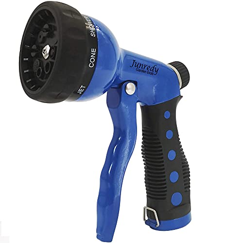 Junredy Garden Hose Nozzle Sprayer, Heavy Duty Metal Water Hose Nozzle with 8 Different Spray Patterns, High Pressure Hand Sprayer with Flow Control, for Watering Plant & Lawn, Washing Car & Pet Blue
