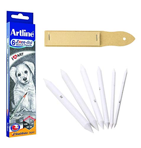 Artline Set of 6 Love-Art Sketch Pencils + Blending/Smudging Stumps Set of 6 (Size 1 to 6) + Sand Paper Pencil/Stump Sharpener