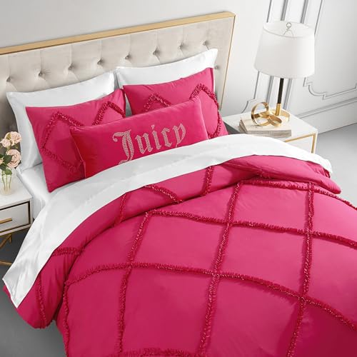 Image of Juicy Couture Diamond King Comforter Set - Ruffle 3-Piece Machine Washable Reversible Bedding Comforter Set, Hot Pink