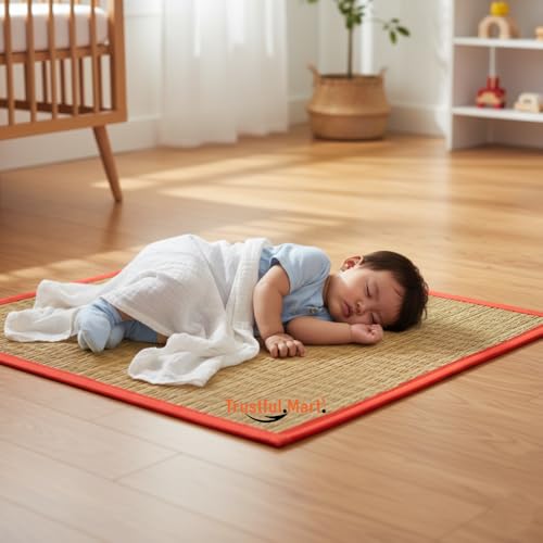 Image of Tgh Aasan Rectangular Mat For Sitting - Kusha Grass Aasan Korai Grass Mat For Pooja 24 X 18 Inch [Pack Of 1] Red