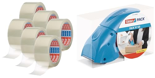 tesa tesapack 64014 - Geräuscharmes 66 m Paketklebeband zum Verpacken von Paketen und Versandschachteln - transparent - (6 Rollen, Bundle mit Pack' n' Go Blau)