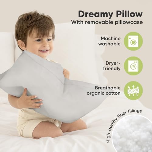 Image of Toddler Pillow with Pillowcase, 13x18 My Little Dreamy Pillow (French Gray) | Kids Travel Bed Pillow for Sleep, Organic Cotton Small Pillowcase, Soft, Breathable, Machine Washable, Toddlers 2-5 years old