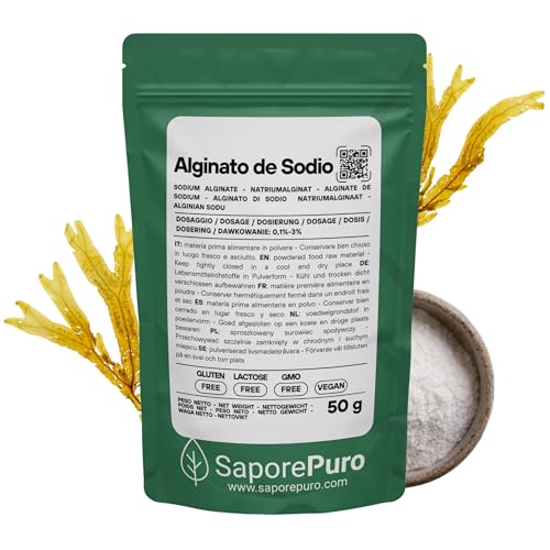SaporePuro Alginato de Sodio en polvo 50 g – Espesante, Gelificante y Estabilizante Alimentario – Ideal para Cocina Molecular – Sin Gluten