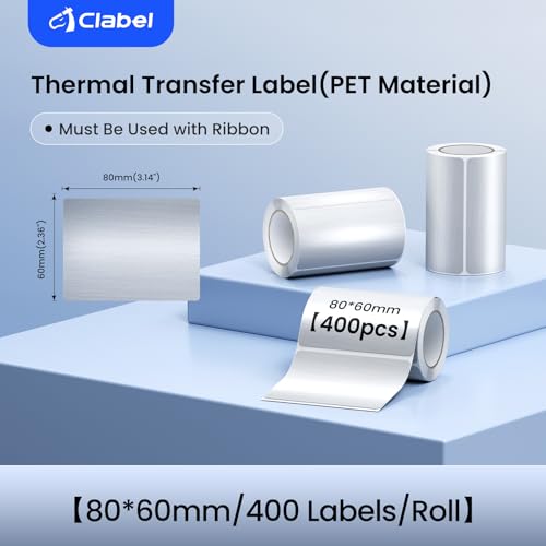 Image of CLABEL X1 Thermal Transfer Printer Bundle - 80x60mm Silver PET Labels + Full Resin Ribbon, 6IPS 203DPI Bluetooth Asset Tag Solution for Equipment Tracking, Warehouse & Office