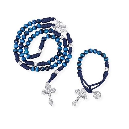 Nazareth Store Paracord Catholic Rosary Set Saint Michael 5 Decades Rosary Necklace One Decade Saint Benedict Heavy Duty Beads Strong Gift for Men Women (Blue Tiger Eye)