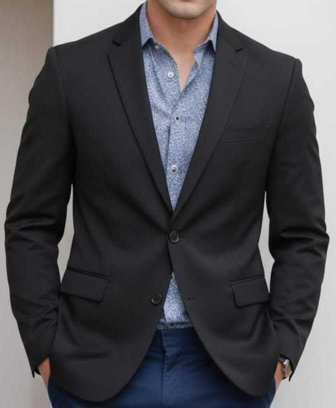 Image of Men Cotton Blend Solid Single Breasted Blazer with Notched Lapel, | Stylish Full Sleeves, Button Closure, Regular Fit Formal Blazer for Mens (Black)