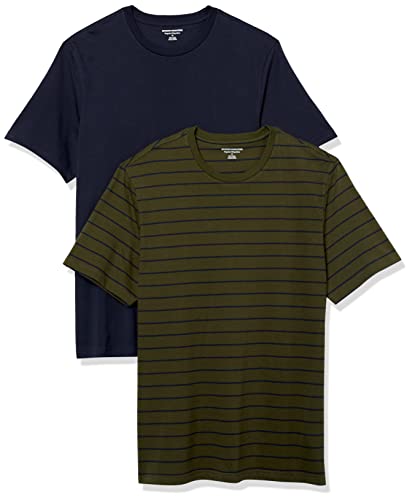 Amazon Essentials T-shirt en Coton à Col Rond à Manches Courtes, Coupe Classique Homme, Lot de 2, Bleu Marine/Vert Olive Rayures, L