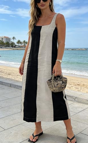 Image of CHARTOU Women Summer Sleeveless Linen Dress Contrast Color Maxi Long Beach Vacation Tank Dress