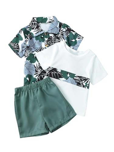 Image of Floerns Boy's 3 Piece Tropical Print Blouse Short Sleeve Tee with Shorts Set Green Multi 6Y