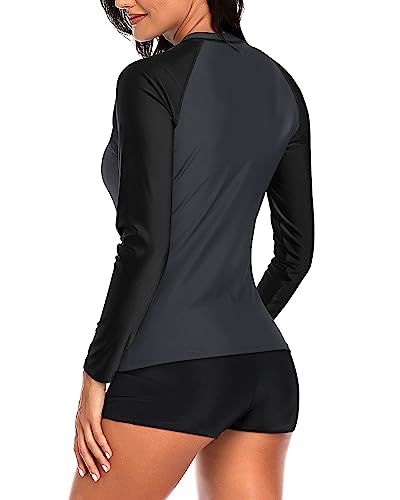 Image of Daci Women Two Piece Rash Guard Long Sleeve Swimsuits UV UPF 50+ Swim Shirt Bathing Suit with Boyshort Bottom