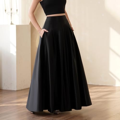 Women's Long Fashion High Waist A-Line Floor Length Satin Skirts with Pockets4