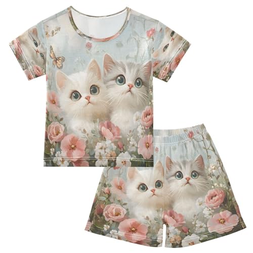 ALAZA Cute Animal Blossom Cat Flower Butterfly Pajamas Set Short Sleeve Cotton Sleepwear Summer Pjs 2 Piece 5-14Y