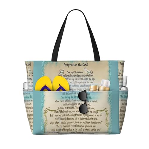 Footprints In The Sand Large Capacity Beach Travel Bag – Lightweight Foldable Waterproof & Sandproof Tote With Multiple Pockets,Beach Vacation Essentials