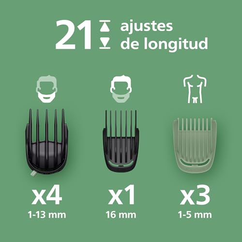 Miniatura 3 de Philips Recortadora todo en uno de 16 en 1 Serie 7000 - Afeitadora y cortapelos hombre para rostro, cabeza y cuerpo, cuchillas de acero autoafilables, 21 longitudes, recargable, MG7931/15