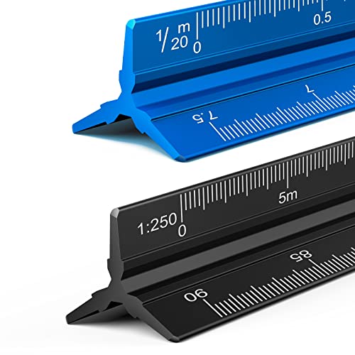 JOLIGAEA 2 Piezas Regla de Escala Triangular de Aluminio Métrica,1:100 1:200 1:250 1:300 1:400 1:500/1:20 1:25 1:50 1:75 1:100 1:125,30 cm Regla de escala arquitectónica para Ingenieros Dibujar,Medida