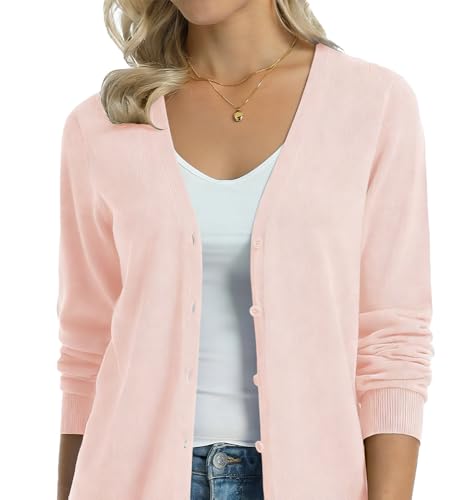 Image of QUALFORT Women's 100% Cotton Lightweight Cardigans Long Sleeve Knitted Button Down Sweater