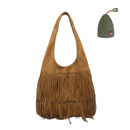 RICOKJRDE Bolso De Ante con Flecos Y Borlas para Mujer, Bolso Bandolera con Borlas Estilo Bohemio, Bolso De Hombro De Gran Capacidad para El Trabajo Y El Ocio (Brown)