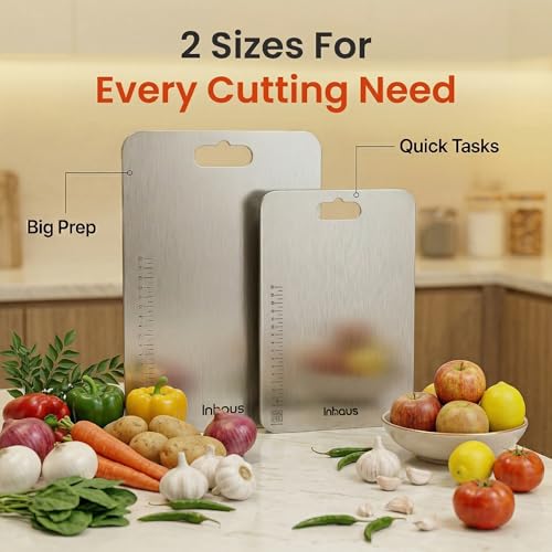 Image of Stainless Steel Chopping Board Set of 2 (31x21 cm + 35x25 cm) | 304 Steel Cutting Board for Kitchen Large & Medium | Rust Proof Chopper Board | Odour Free Vegetable Cutting Board