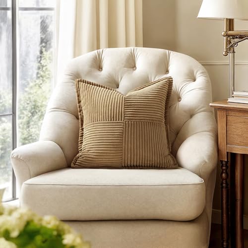 Image of MIULEE Decorative Throw Pillow Covers for Couch Bed Livingroom 18x18 Inch Set of 2 Brown Boho Accent Throw Pllows Broadside Striped Patchwork Soft Corduroy Pillowcases