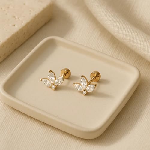 Image of 925 Silver Leafy Stud Earrings, 18K 1 Micron Gold Vermeil, White Cubic Zirconia, Screw Back