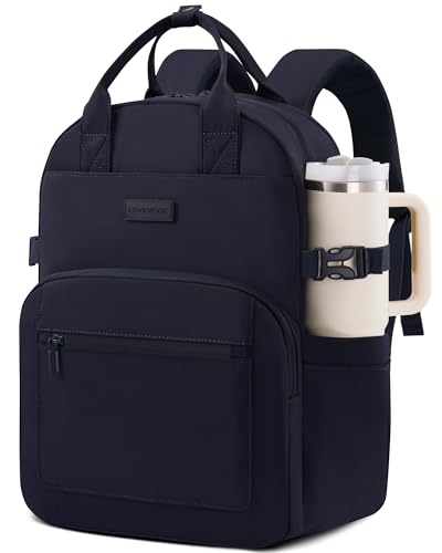 LOVEVOOK Mochila feminina para laptop – Mochila de trabalho elegante com suporte de copo grande, mochila impermeável para professores universitários, Azul marino, 15.6 Inch