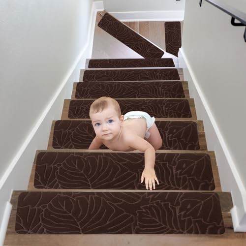 15PCS Alfombra Antideslizante para escaleras, Interior Alfombrillas de Escalera para Peldaños Autoadhesiva Amortigua Sonidos Protección, Pisadas Antideslizantes para Niños, Ancianos, Animales 76x20cm