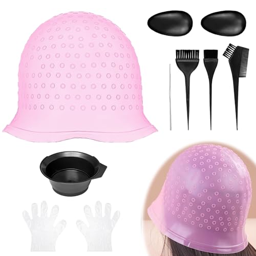 Gorro de silicona para mechas con accesorios, juego para mechas de cabello DIY con gorro, pincel, guantes, reutilizable para mujer y niña, fácil de usar, golpe de sol DIY