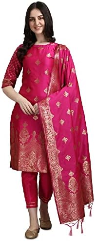 VredeVogel Women's Cotton Silk Jacquard Kurta Pant with Banarasi Silk Dupatta