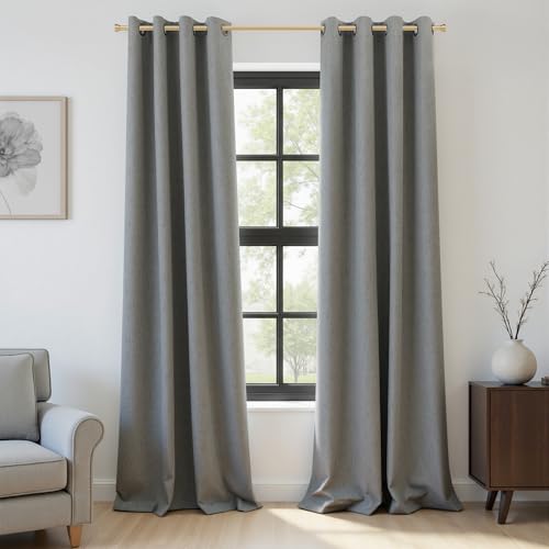 Image of 100% Blackout Linen Textured Curtains for Bedroom Full Light Blocking Room Darkening Bronze Grommet Window Drapes Thermal Insulated Energy Efficient Home Decor 52x96 Grey Gray (2 Panels)