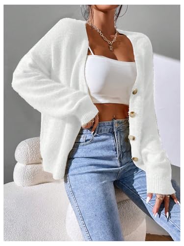 Image of SHENHE Women's Cardigan Sweater Fuzzy Button Down Long Sleeve Open Front Drop Shoulder Cardigan Outwear